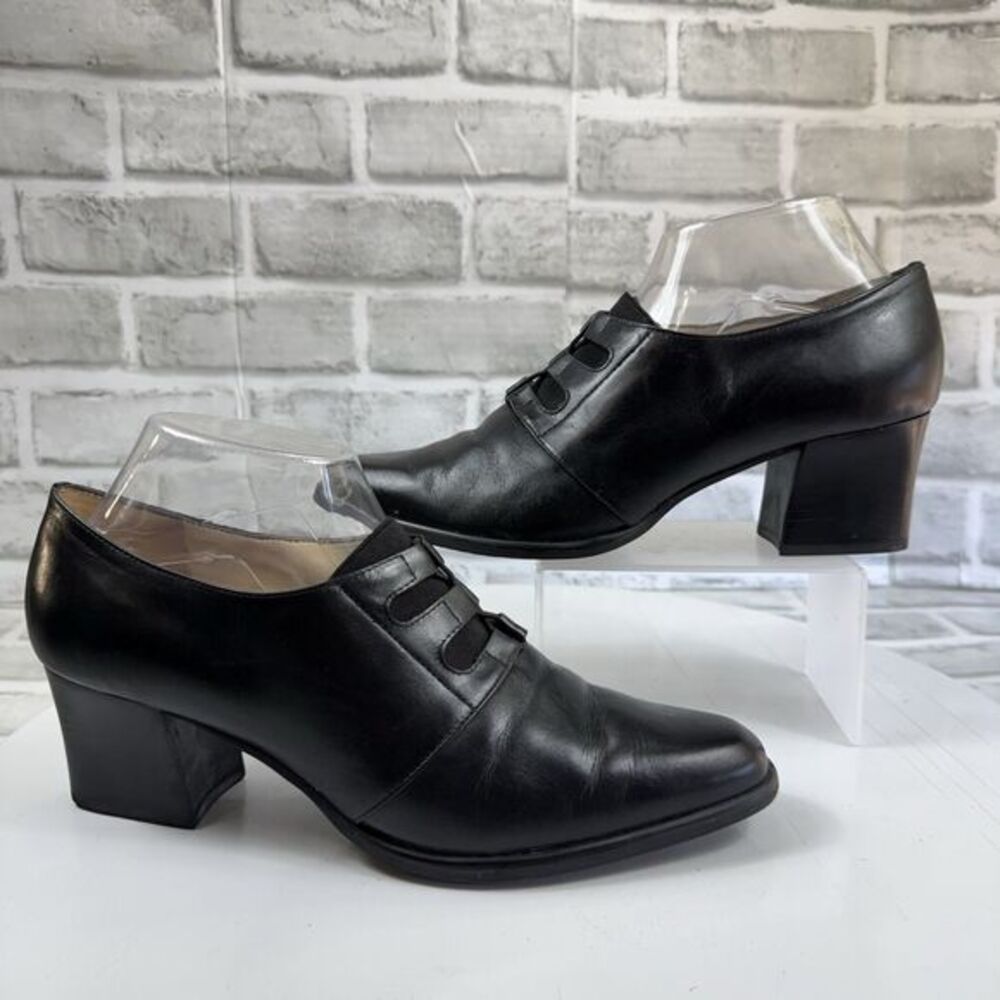 Jennifer Moore Women's 9.5 Goth Witch Black Leather Heel Shoes Vintage Style